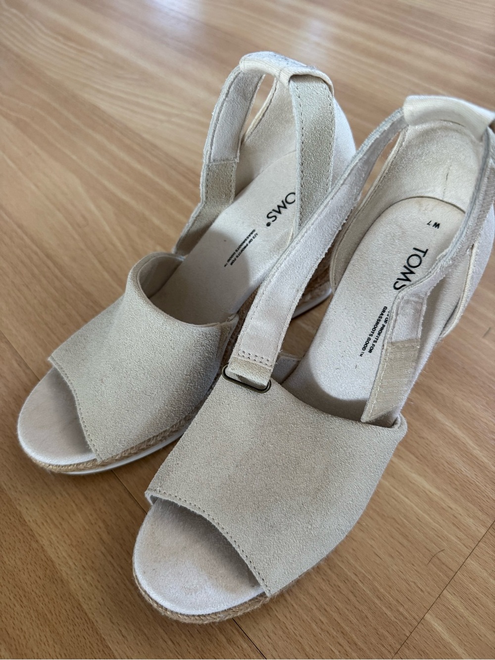 TOMS Beige Suede Open-Toe Slingback Wedges